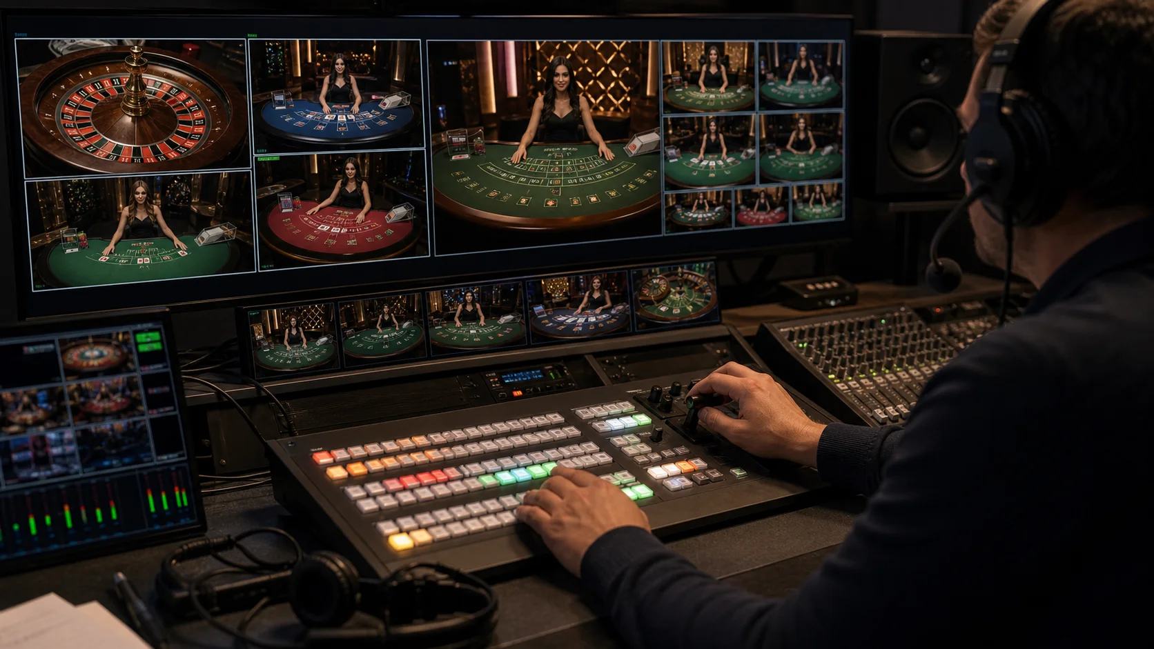 Sala de controle de transmissão com monitores de mesas de cassino ao vivo